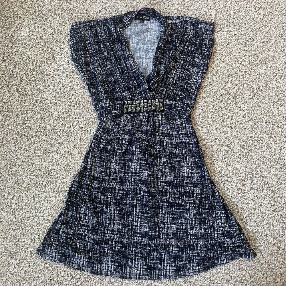 As U Wish Womens Short Sleeve Dress Size S Y2K Studded Beads V-Neck Tie Waist